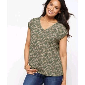 PAPERMOON SHORT SLEEVE BUTTON BACK BLOUSE Women's Size Large GREEN FALL FLORAL
